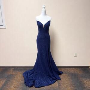 Jovani Navy Blue Glitter Midi Dress